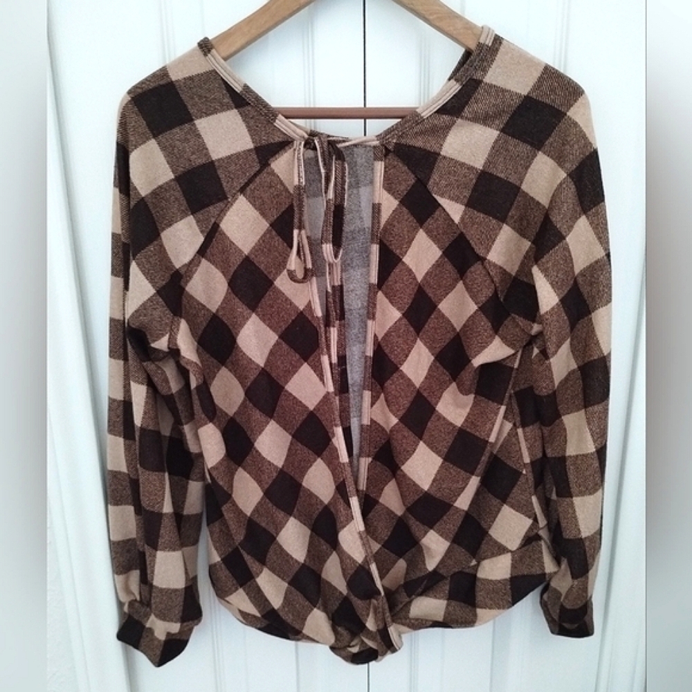 Plaid Brown Buffalo Check Open Tie  Top /cardigan